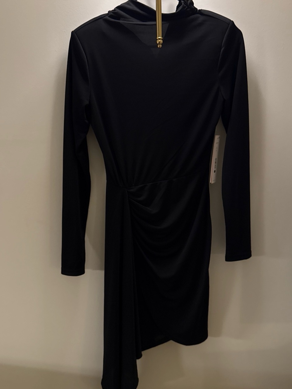 Aqua Black Long-Sleeve Draped Asymmetric Dress